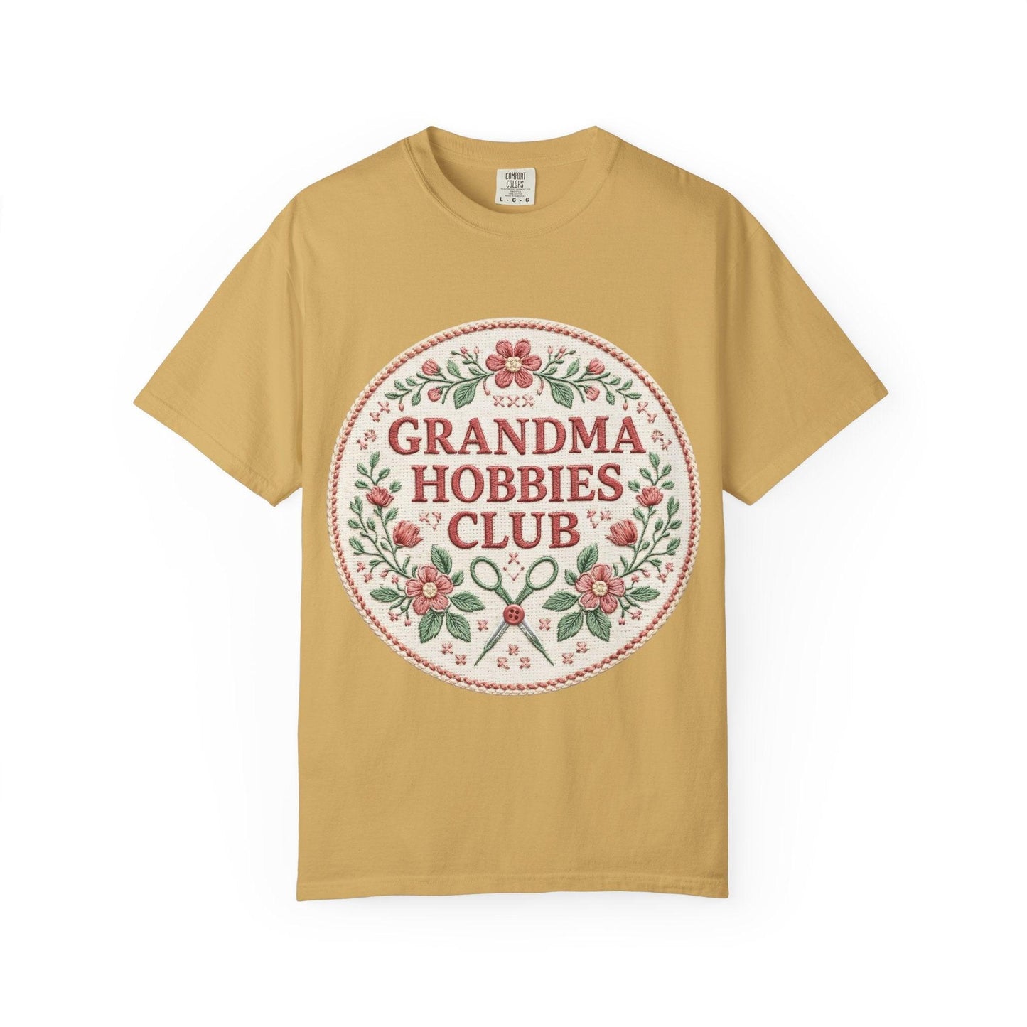Grandma Hobbies Club T-shirt | Floral Needlework Scissors Embroidery Design
