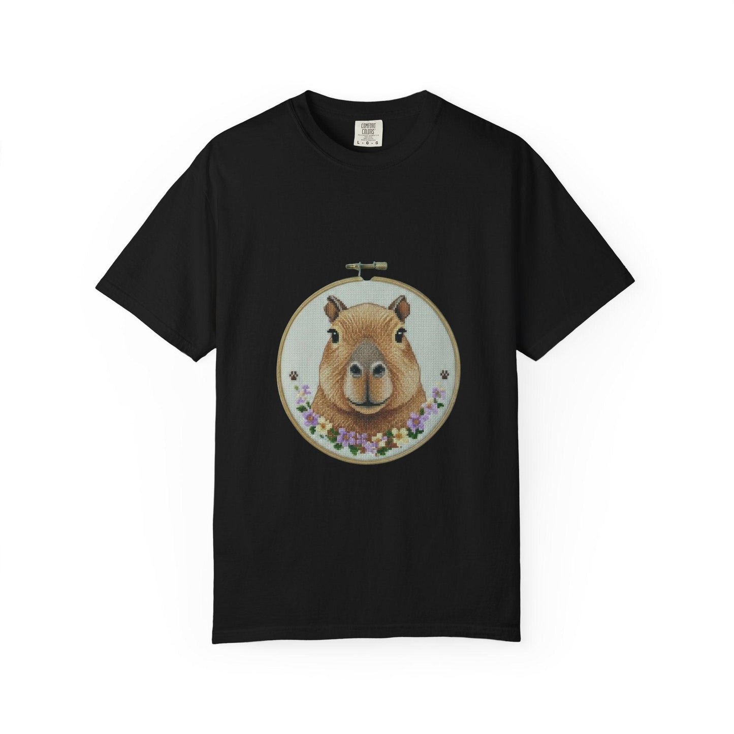Capybara Portrait T-Shirt | Floral Embroidery Hoop Design