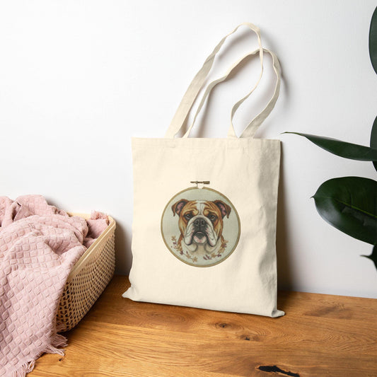 Bulldog Portrait Tote Bag | Embroidery Hoop Dog Illustration