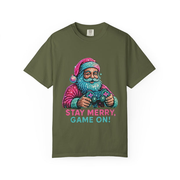 Stay Merry Game On Santa T-Shirt | Christmas Gaming Tee