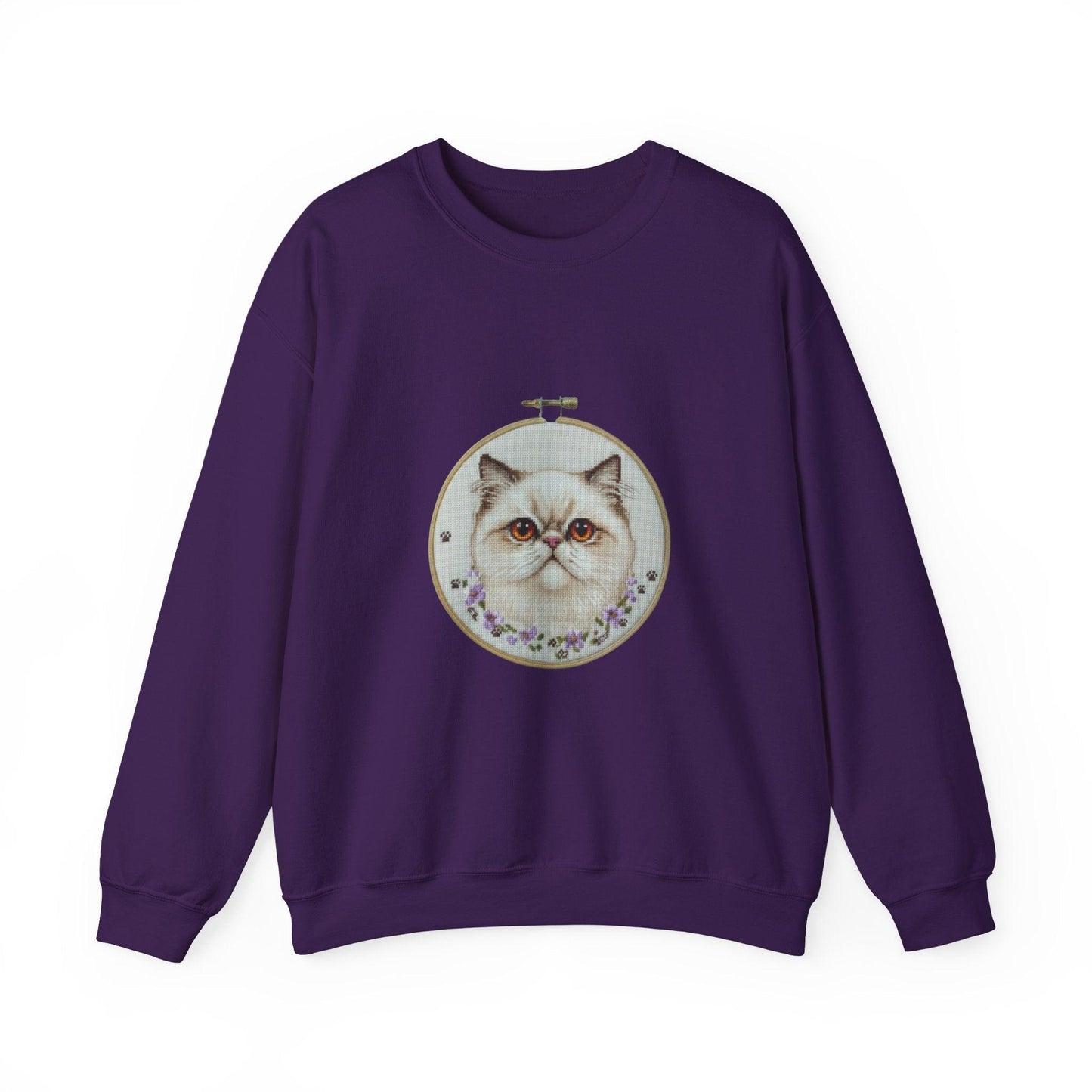 Grumpy Persian Cat Portrait Crewneck sweatshirt | Floral Embroidery Hoop Art