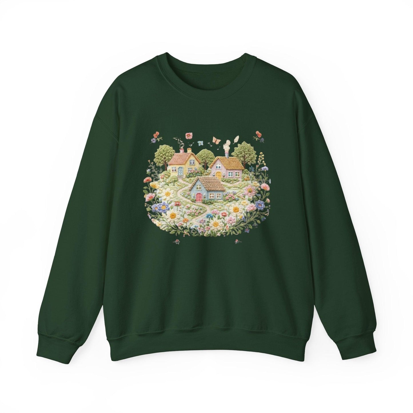 Cottage Garden Illustration Sweatshirt | Floral Village Scene, Cozy Spring