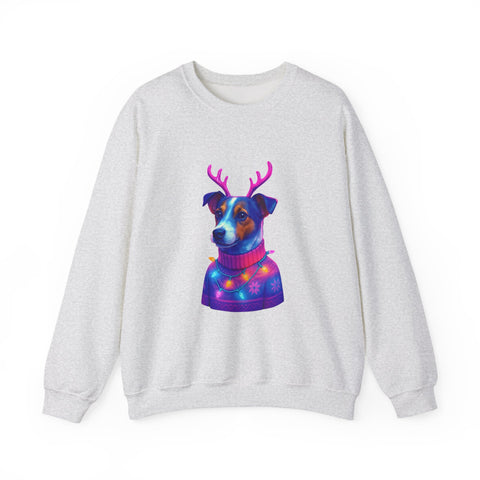 Neon Jack Russell in Reindeer Antlers Sweatshirt | Holiday Pet Portrait