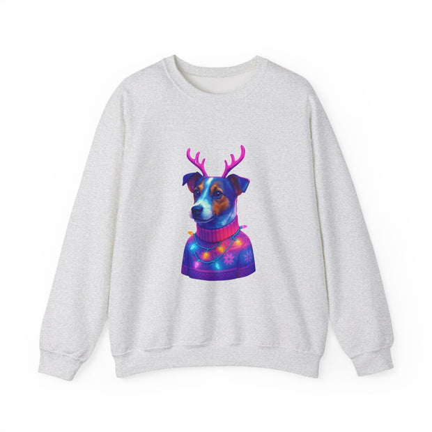 Neon Jack Russell in Reindeer Antlers Sweatshirt | Holiday Pet Portrait