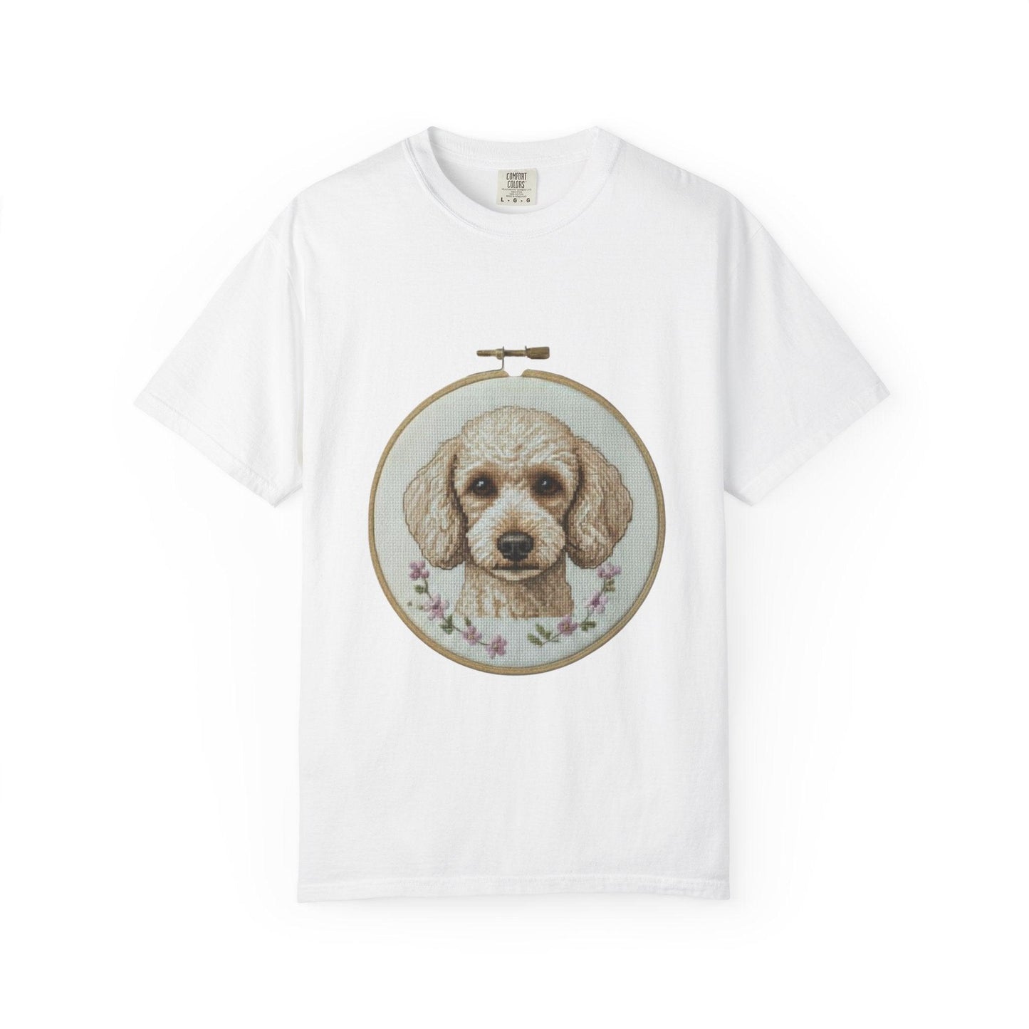Poodle Portrait Embroidery Hoop Dog Art T-shirt | Hand-Drawn Canine Illustration