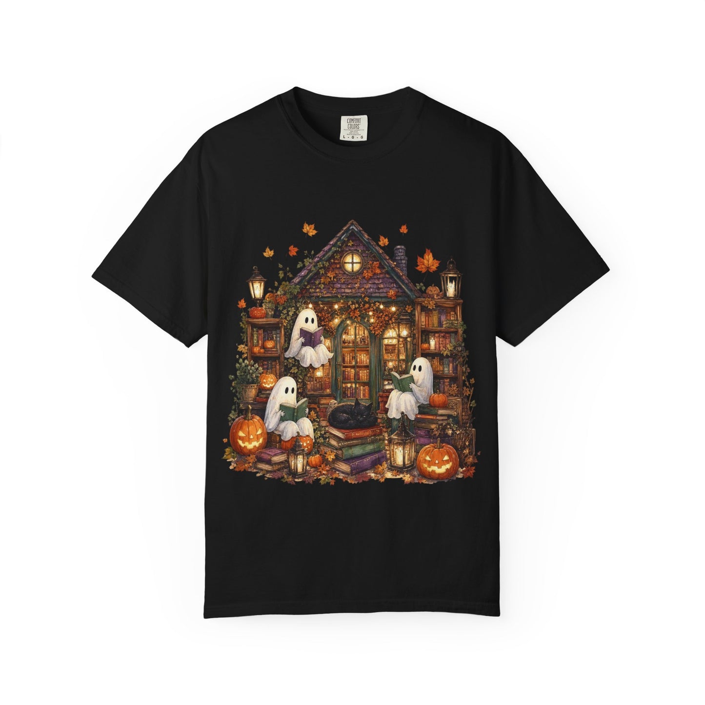 Cute Ghosts Haunted House T-Shirt, Halloween Pumpkin Shirt, Autumn Leaves Graphic Tee, Spooky Cute Fall Shirt, Cozy Halloween Gift