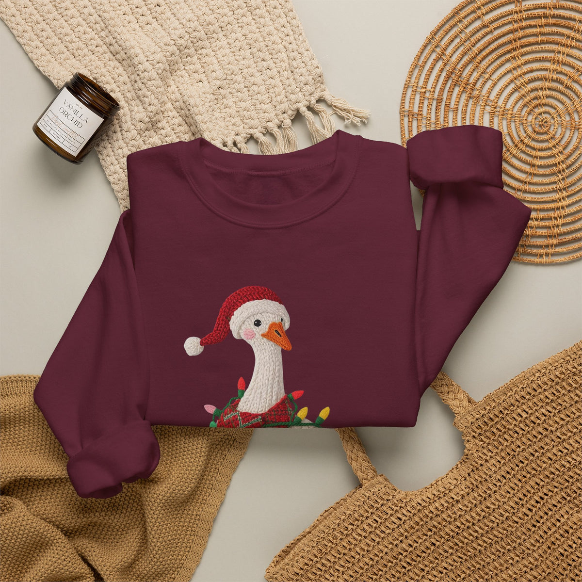 Christmas Goose Wearing Santa Hat Crewneck Sweatshirt | Holiday Duck in Lights