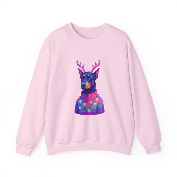 Vibrant Doberman Antlers Sweatshirt, Quirky Animal Crewneck, Cozy Holiday Gift, Fun Winter Apparel, Casual Style Top