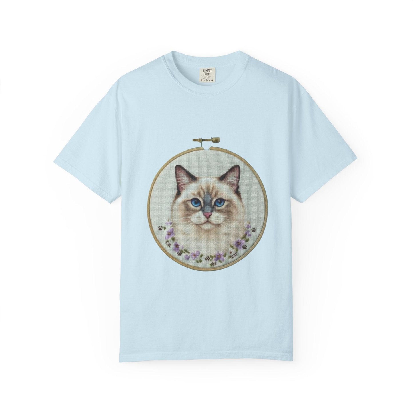 Ragdoll Cat Shirt, Blue Eyed Cat Mom Gift, Cross Stitch Cat Portrait, Embroidered Pet Lover Tee