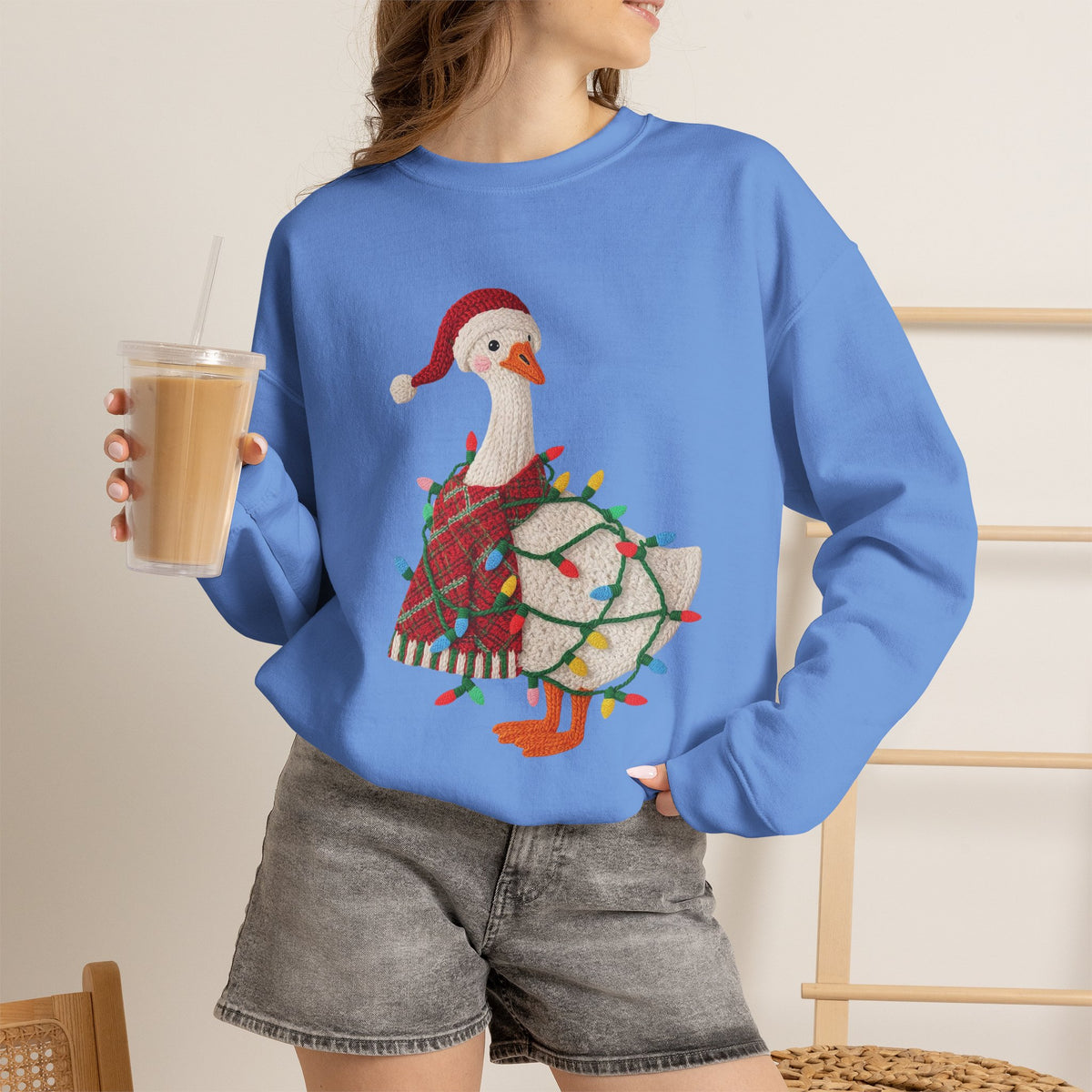 Christmas Goose Wearing Santa Hat Crewneck Sweatshirt | Holiday Duck in Lights