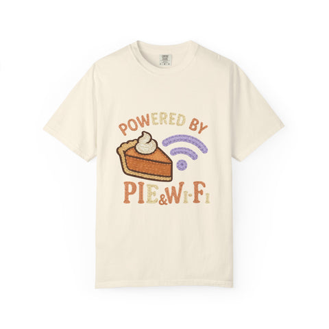 Powered by Pie and Wi-Fi T-Shirt, Funny Unisex Tee, Gift for Pie Lovers, Tech Enthusiasts, Perfect for Holidays and Parties