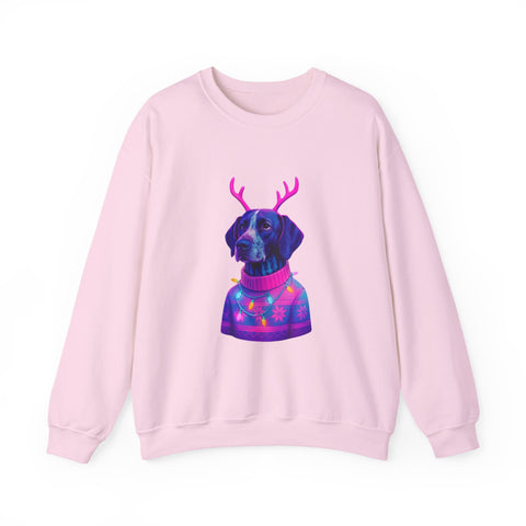 German Shorthaired Pointer with Reindeer Antlers Crewneck Sweatshirt | Neon Holiday Sweater Illustration