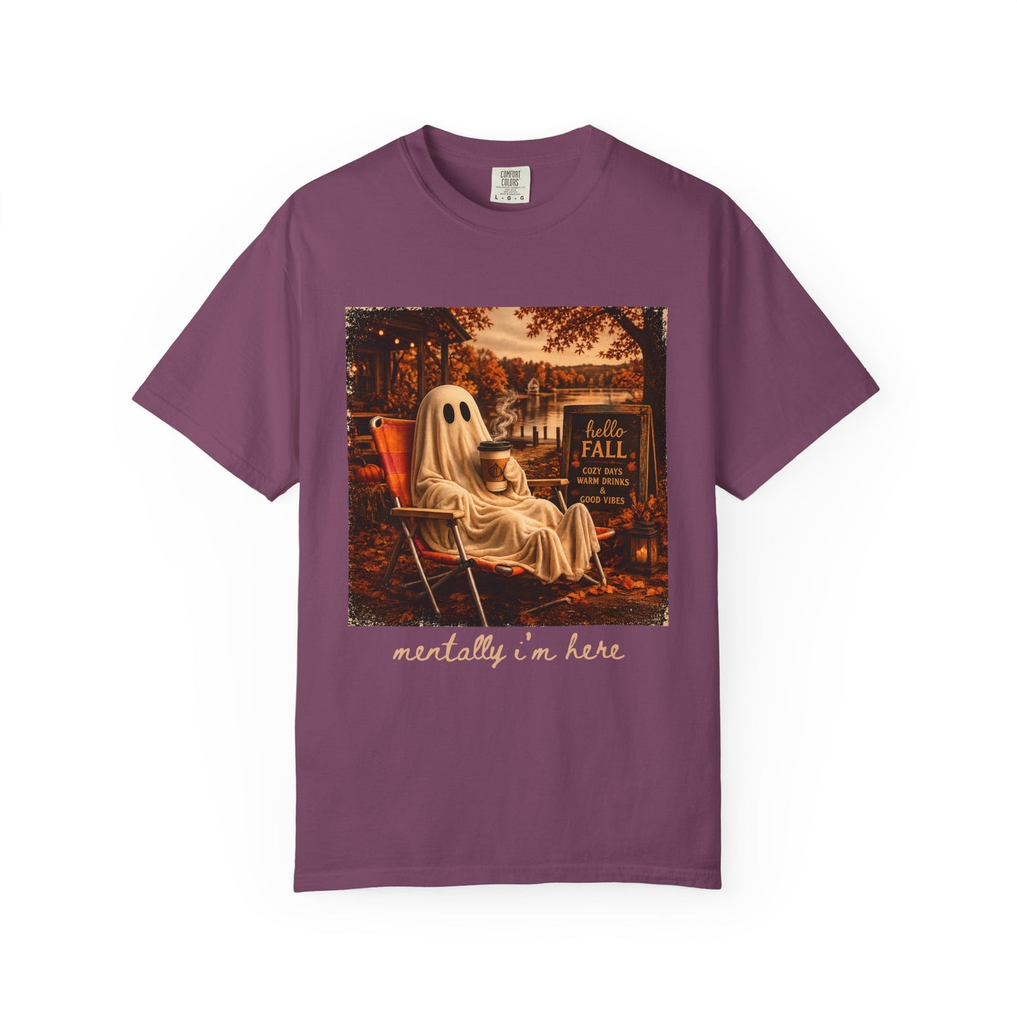 Cozy Ghost in Chair Fall T-shirt | Autumn Leaves, Retro Halloween Scene, Summerween