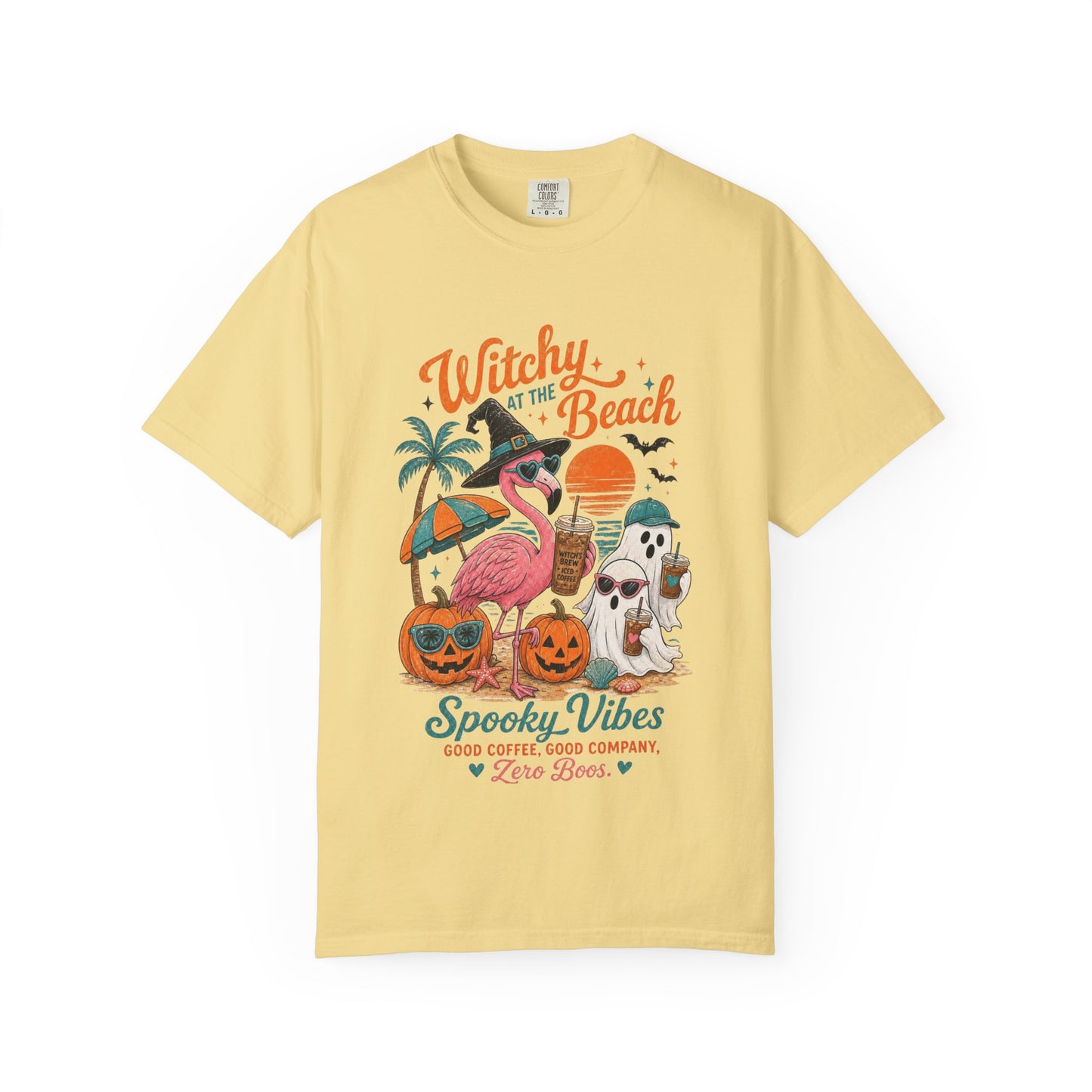 Witchy at the Beach T-shirt | Spooky Vibes Halloween Flamingo Design