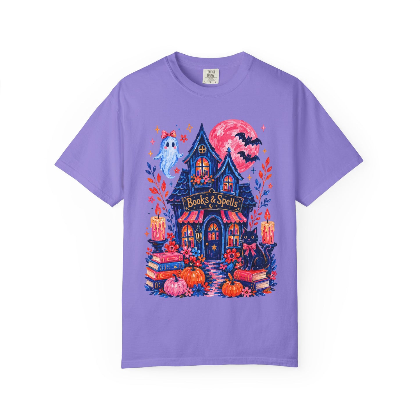 Books & Spells T-Shirt, Witchy Bookstore Halloween Shirt, Cozy Book Lover Tee, Black Cat Ghost Pumpkin Graphic, Booktok Fall Shirt