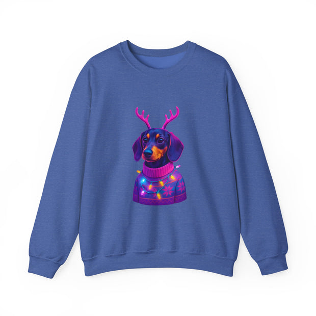 Dachshund Reindeer Sweater Crewneck Sweatshirt | Neon Holiday Dog Art