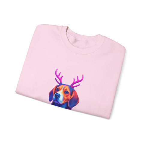 Beagle with Reindeer Antlers Sweatshirt | Colorful Holiday Dog Illustration