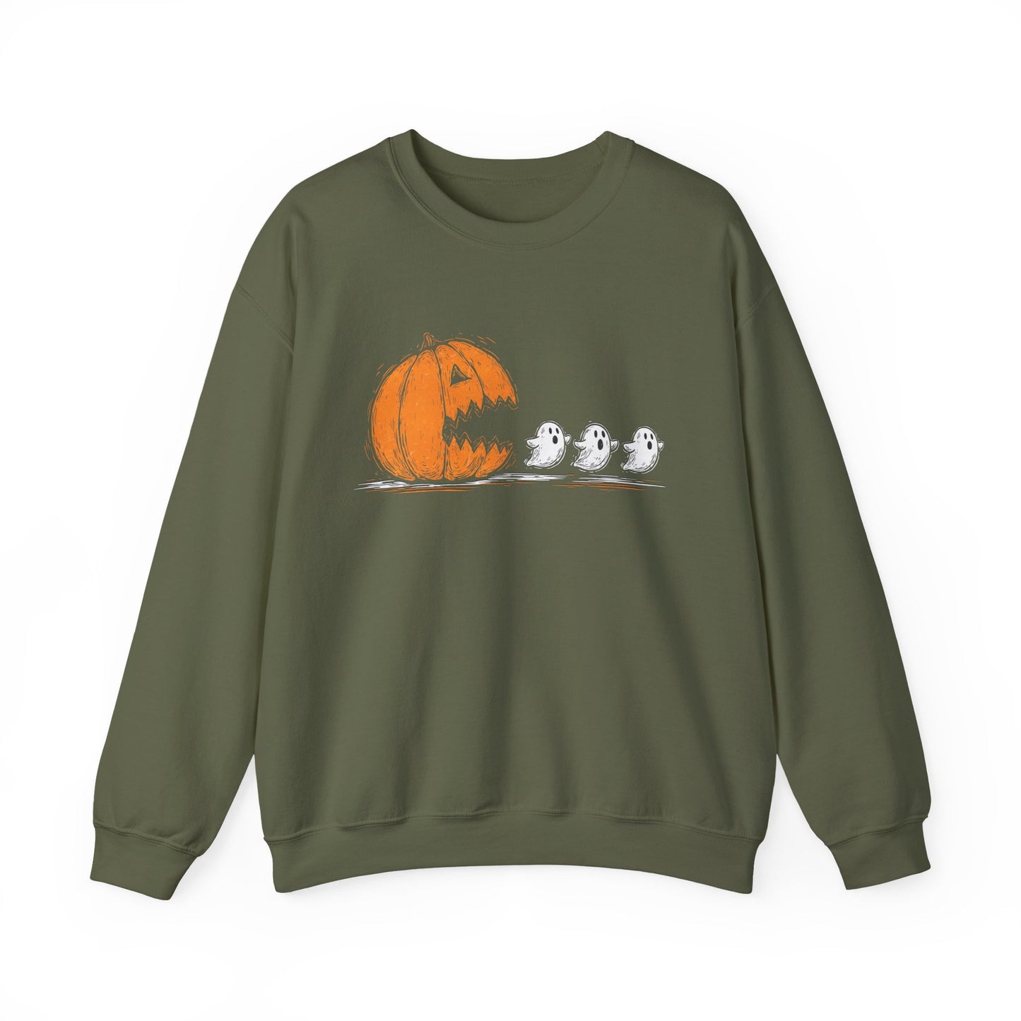 Pumpkin and Ghosts Crewneck Sweatshirt | Halloween Pumpkin Ghost Illustration