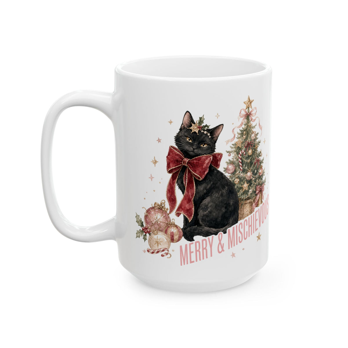 Black Cat Christmas Mug, Merry & Mischievous Cat Mug, Cat Lover Christmas Gift, Coquette Holiday Mug, Cute Black Cat Gift