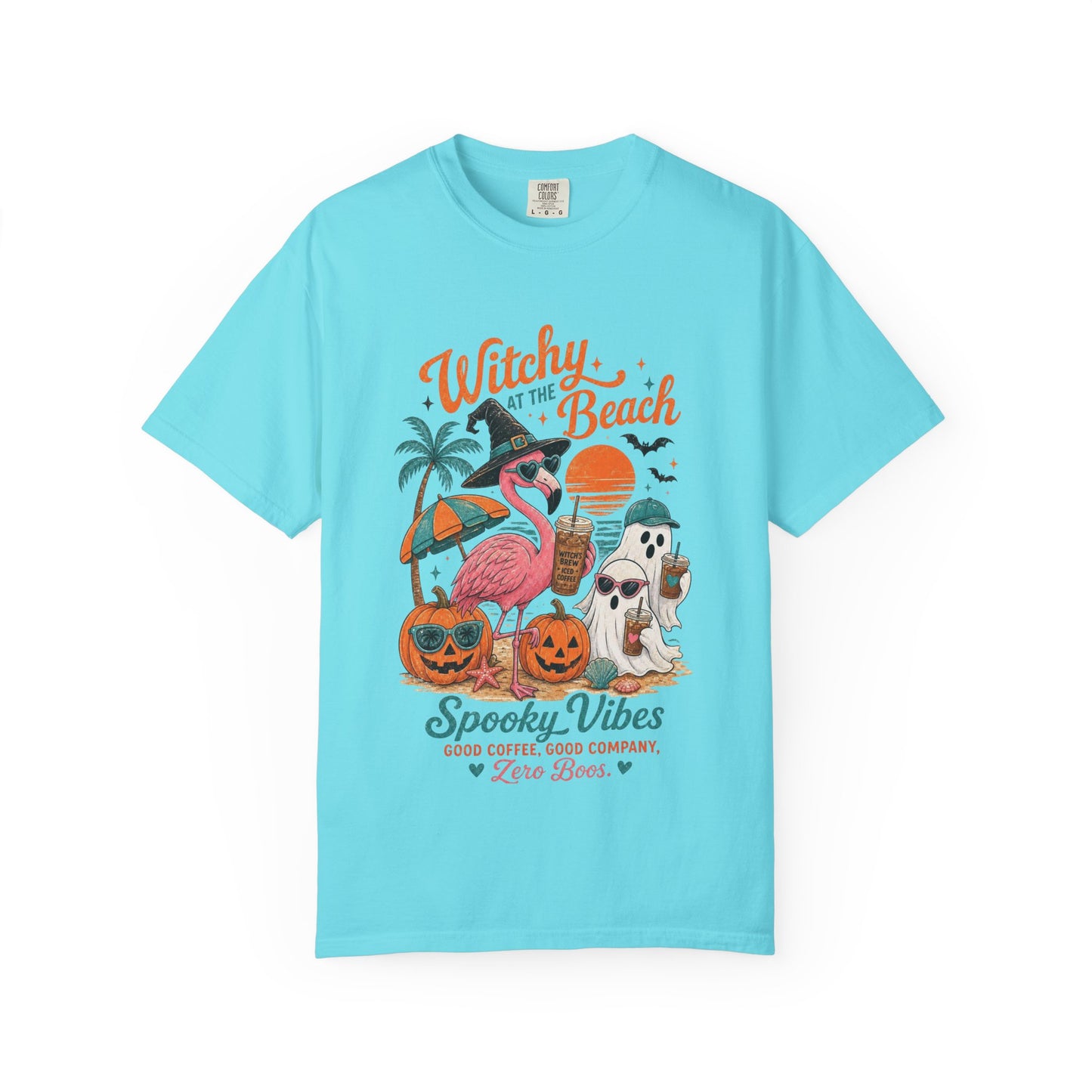 Witchy at the Beach T-shirt | Spooky Vibes Halloween Flamingo Design
