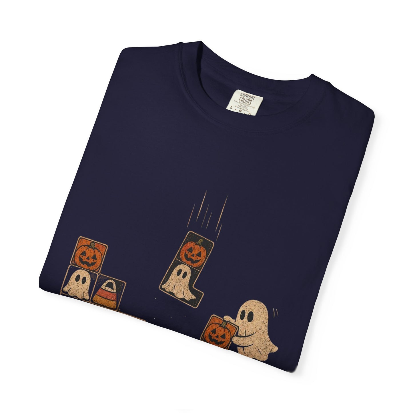 Halloween Pumpkin Ghost Block Puzzle T-shirt | Cute Retro Arcade Design