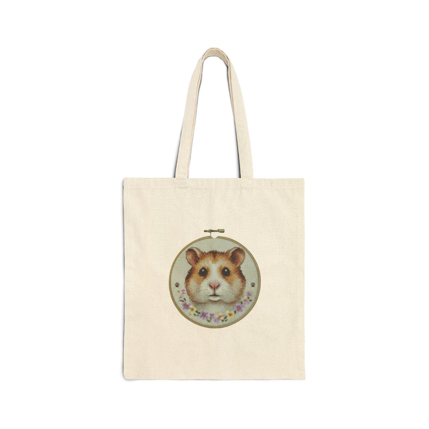 Cute Hamster Portrait Tote Bag | Embroidery Hoop Floral Accent