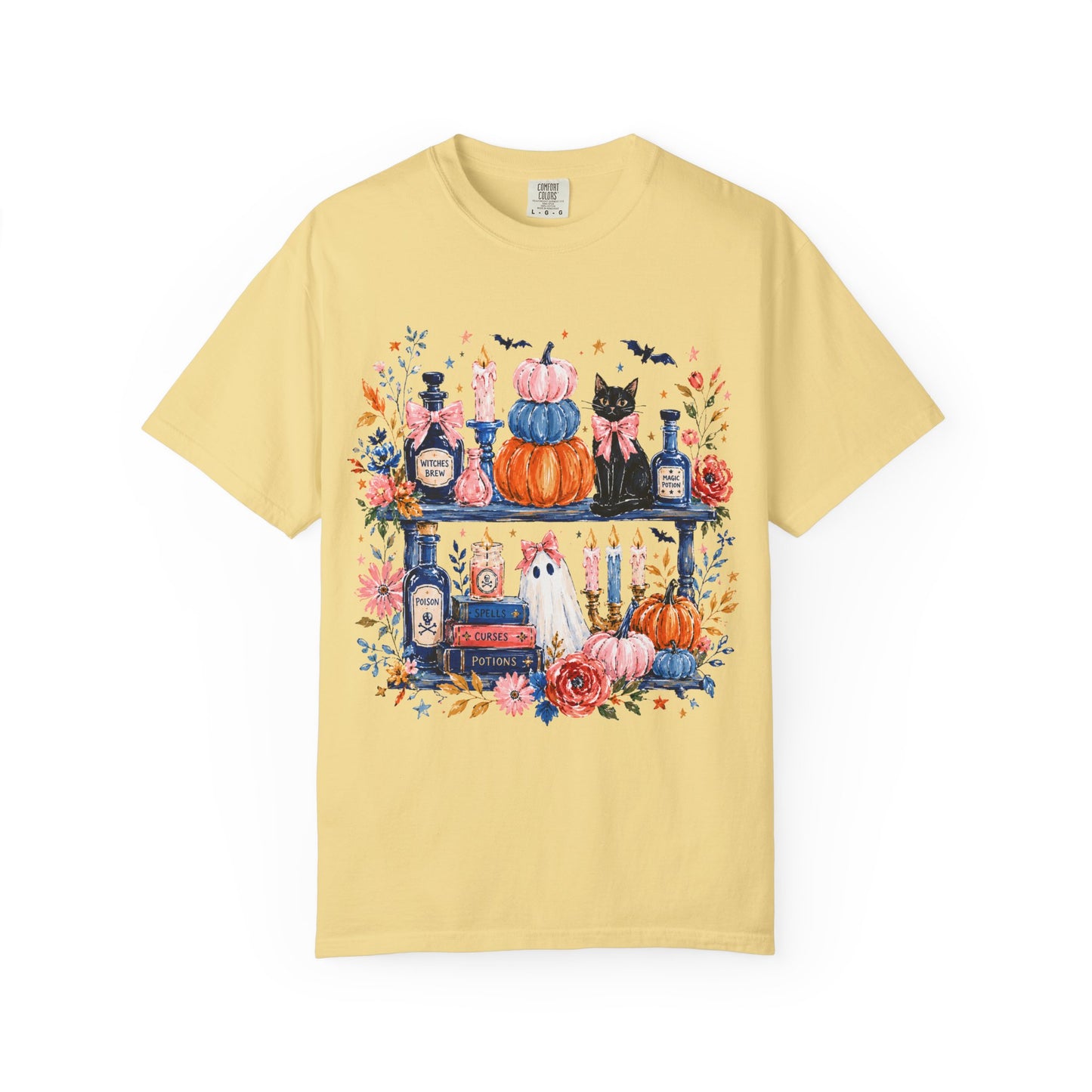 Autumn Apothecary Illustration T-shirt | Pumpkins, Black Cat, Potion Bottles