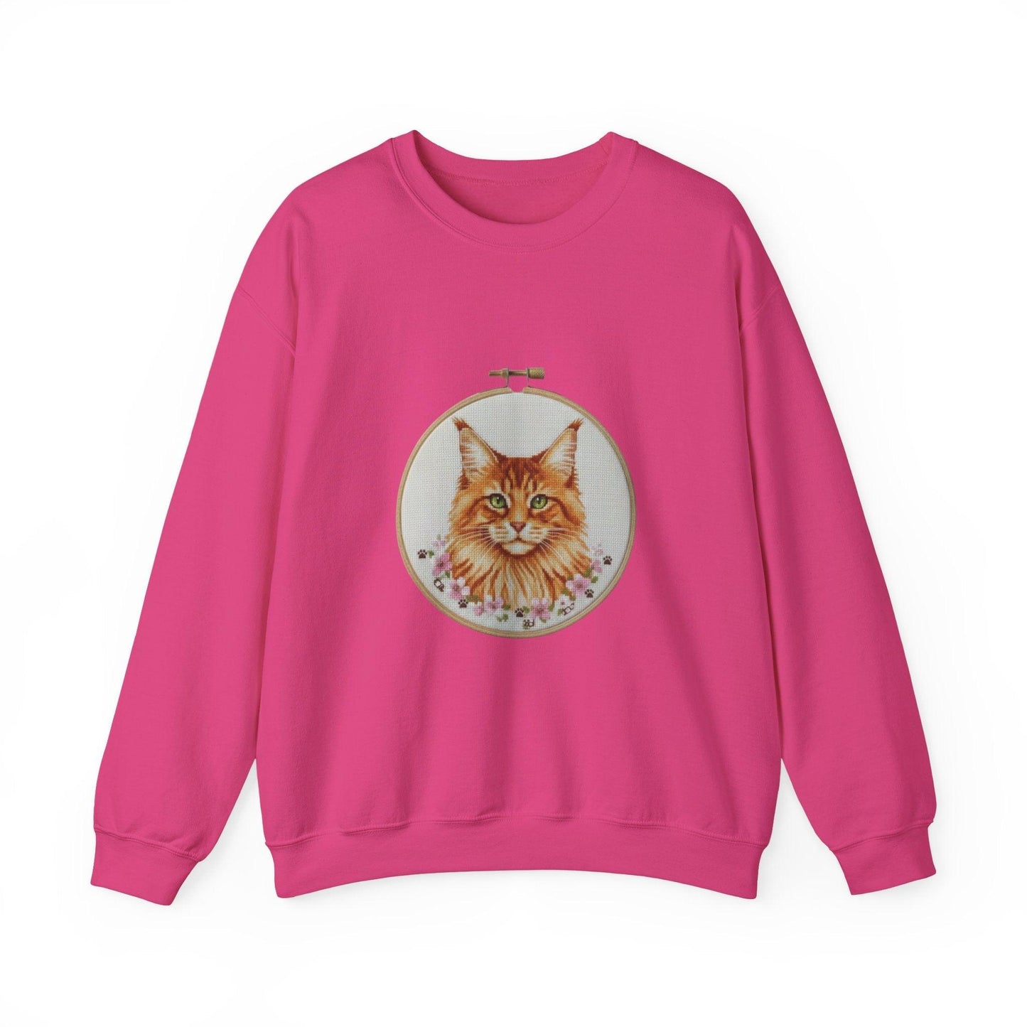 Orange Tabby Cat Sweatshirt, Cat Mom Gift, Cross Stitch Cat Portrait, Embroidery Hoop Floral Crewneck