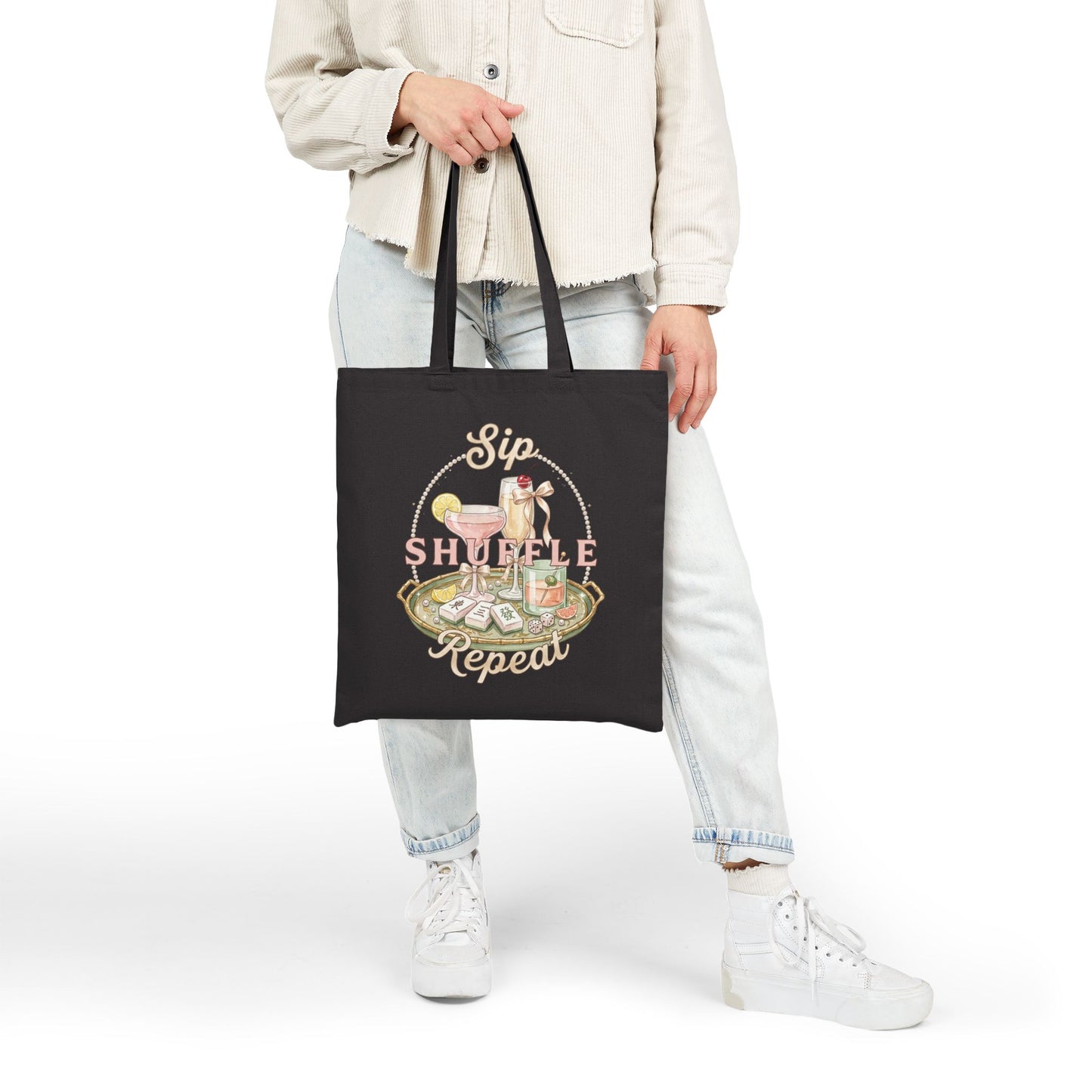 Sip Shuffle Repeat Tote Bag, Mahjong Social Club Canvas Tote, Pastel Girls Night Gift Bag, Mahjong Lover Tote