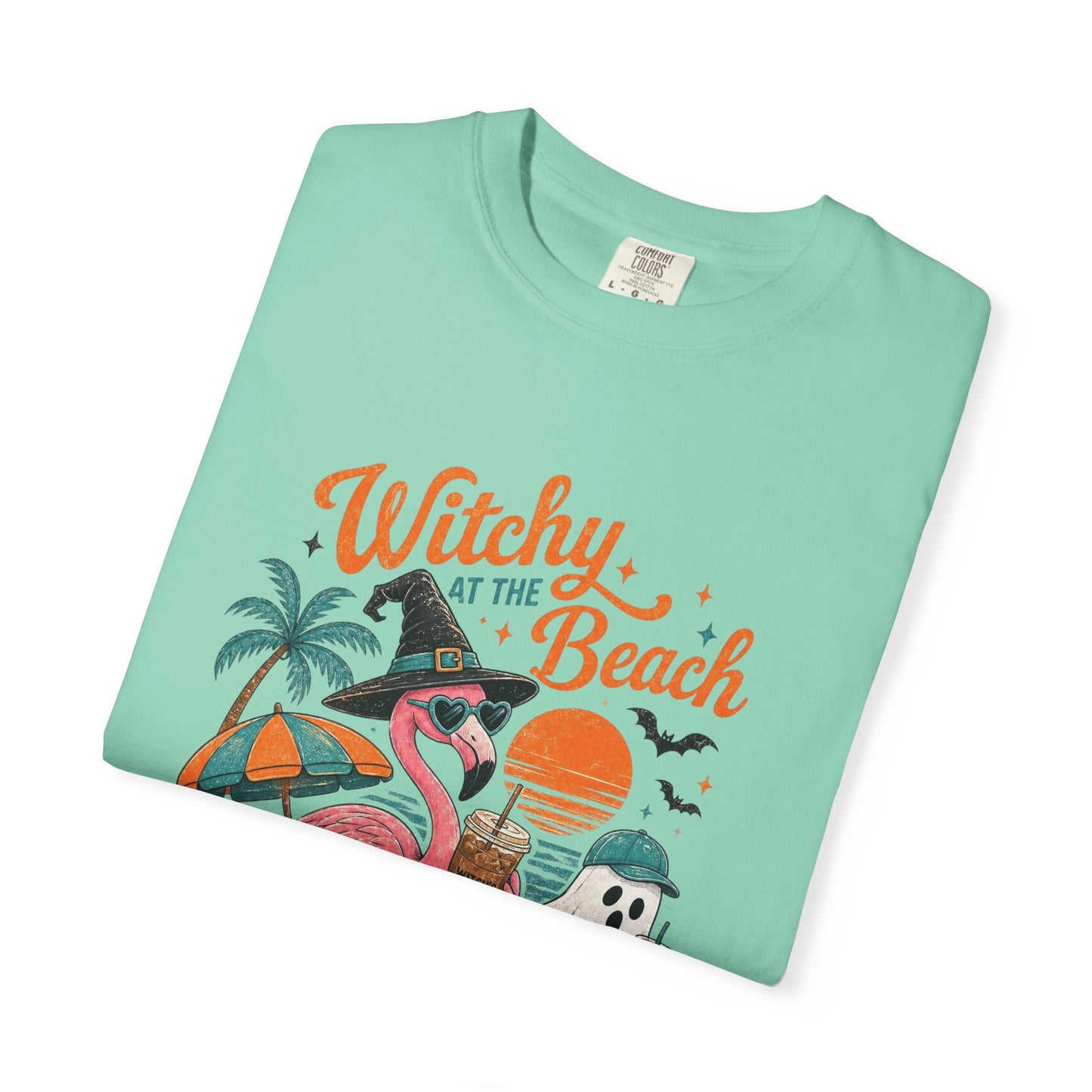 Witchy at the Beach T-shirt | Spooky Vibes Halloween Flamingo Design