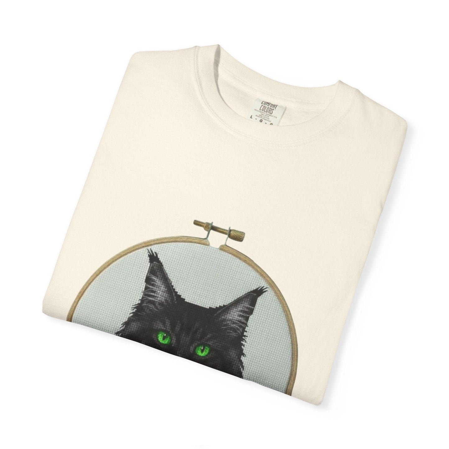 Black Cat Portrait T-Shirt | Embroidery Hoop Art, Green Eyes