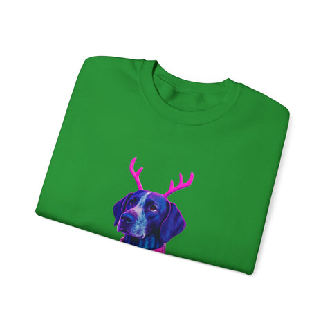 German Shorthaired Pointer with Reindeer Antlers Crewneck Sweatshirt | Neon Holiday Sweater Illustration