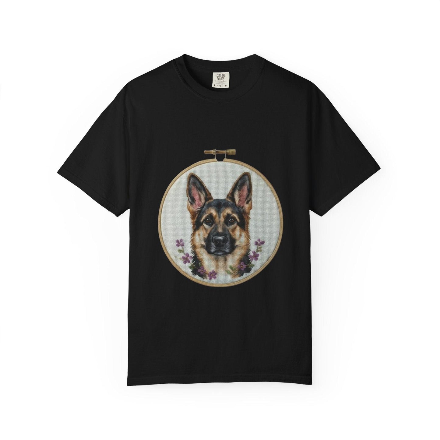 German Shepherd Portrait T-Shirt | Embroidery Hoop Dog Illustration