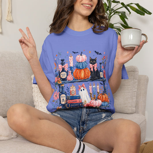 Autumn Apothecary Illustration T-shirt | Pumpkins, Black Cat, Potion Bottles