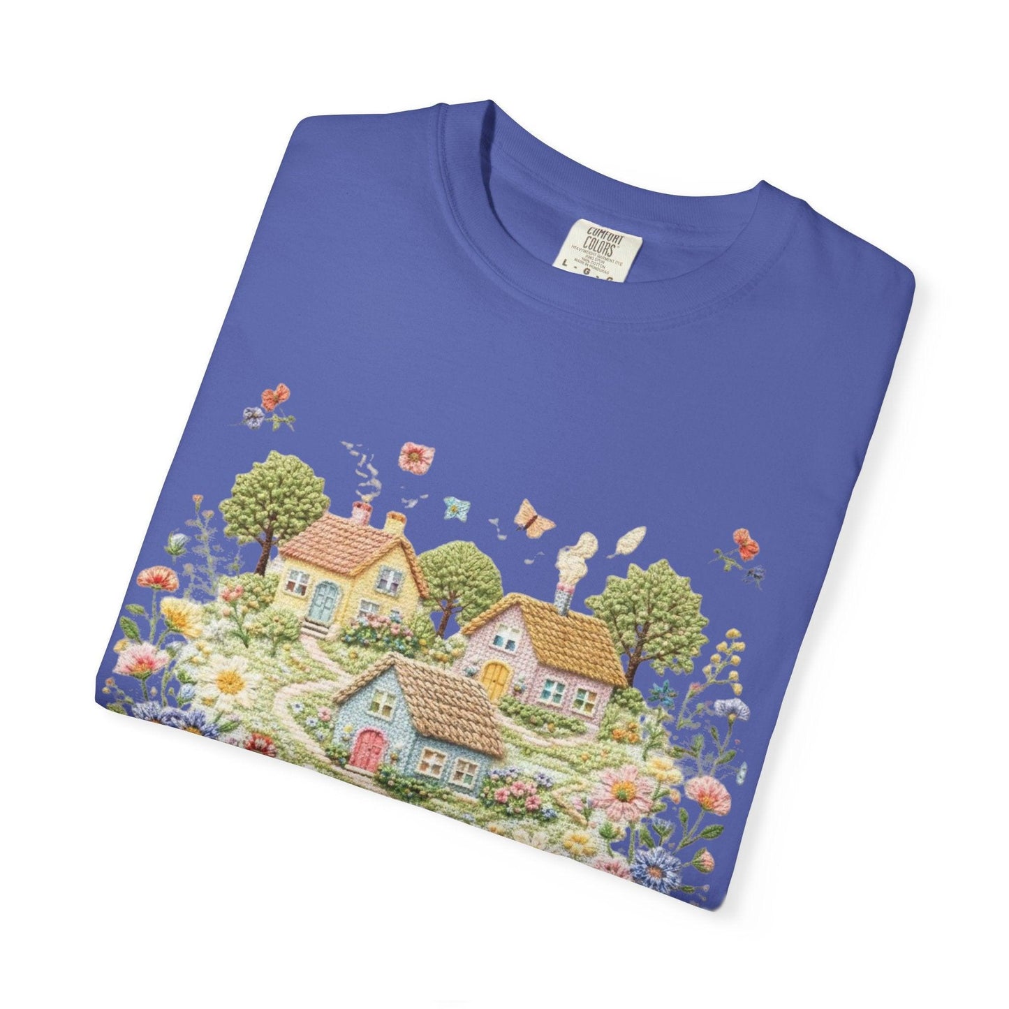 Cottage Garden Landscape T-shirt | Floral Village Illustration