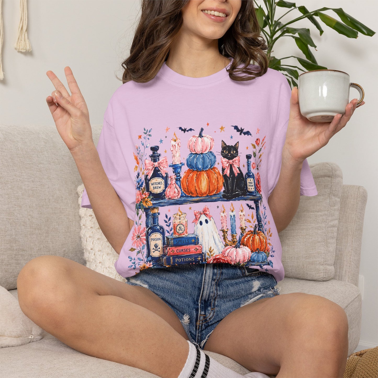 Autumn Apothecary Illustration T-shirt | Pumpkins, Black Cat, Potion Bottles