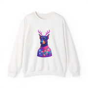 Vibrant Doberman Antlers Sweatshirt, Quirky Animal Crewneck, Cozy Holiday Gift, Fun Winter Apparel, Casual Style Top