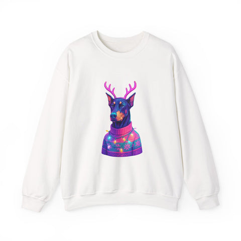 Vibrant Doberman Antlers Sweatshirt, Quirky Animal Crewneck, Cozy Holiday Gift, Fun Winter Apparel, Casual Style Top