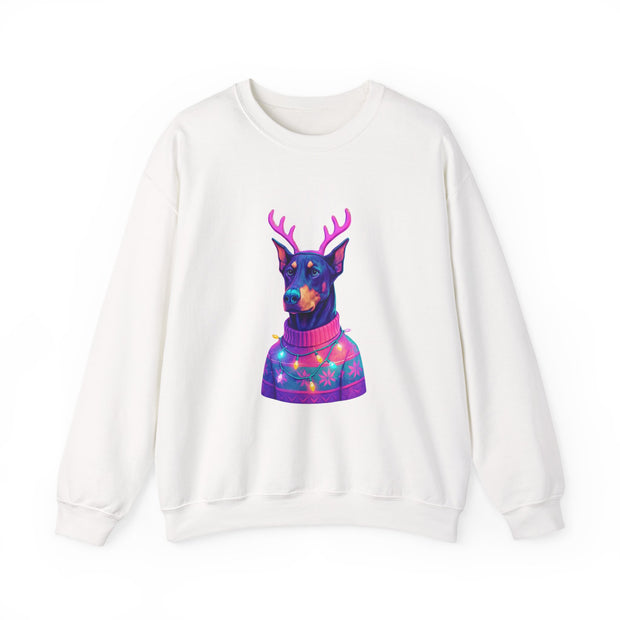 Vibrant Doberman Antlers Sweatshirt, Quirky Animal Crewneck, Cozy Holiday Gift, Fun Winter Apparel, Casual Style Top