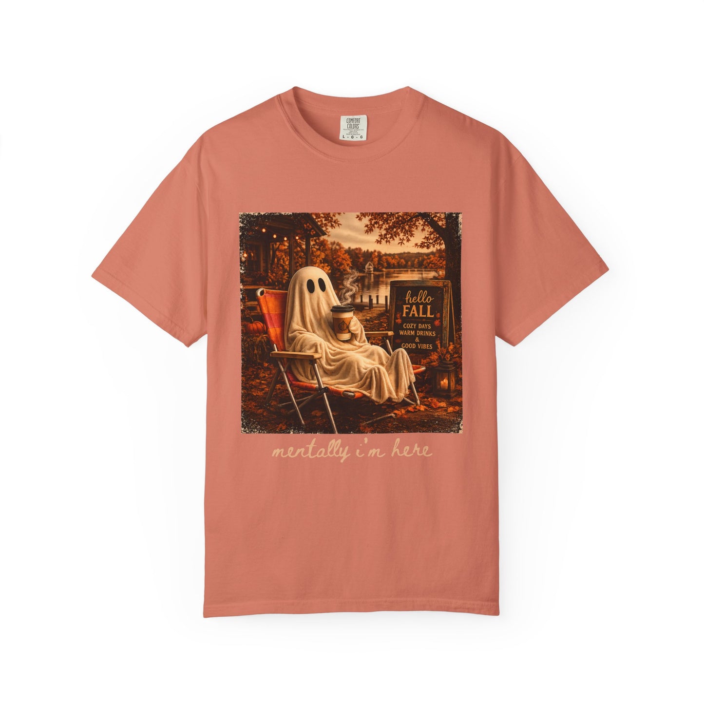 Cozy Ghost in Chair Fall T-shirt | Autumn Leaves, Retro Halloween Scene, Summerween