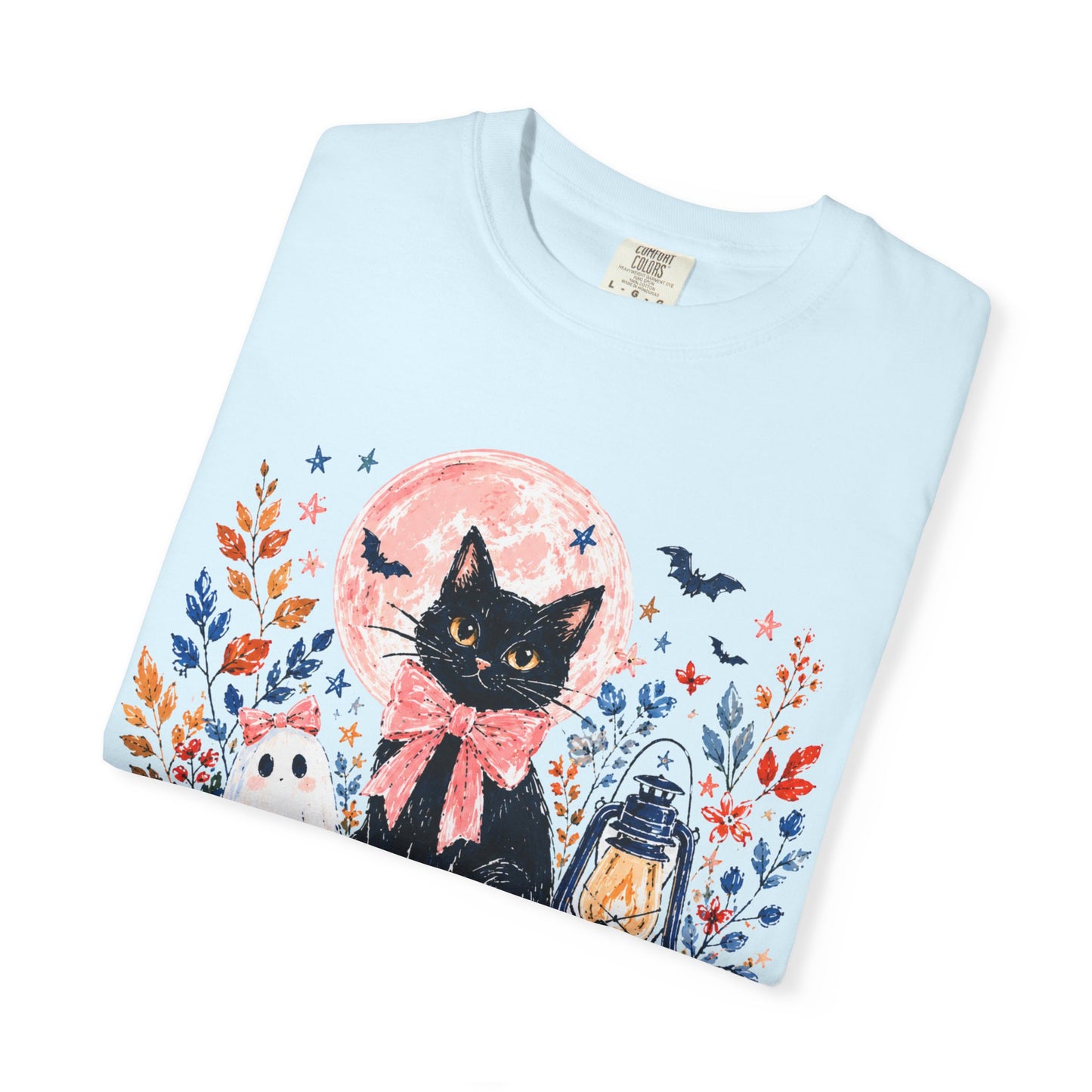 Black Cat with Pumpkins T-shirt | Halloween Moon Lantern Floral Design