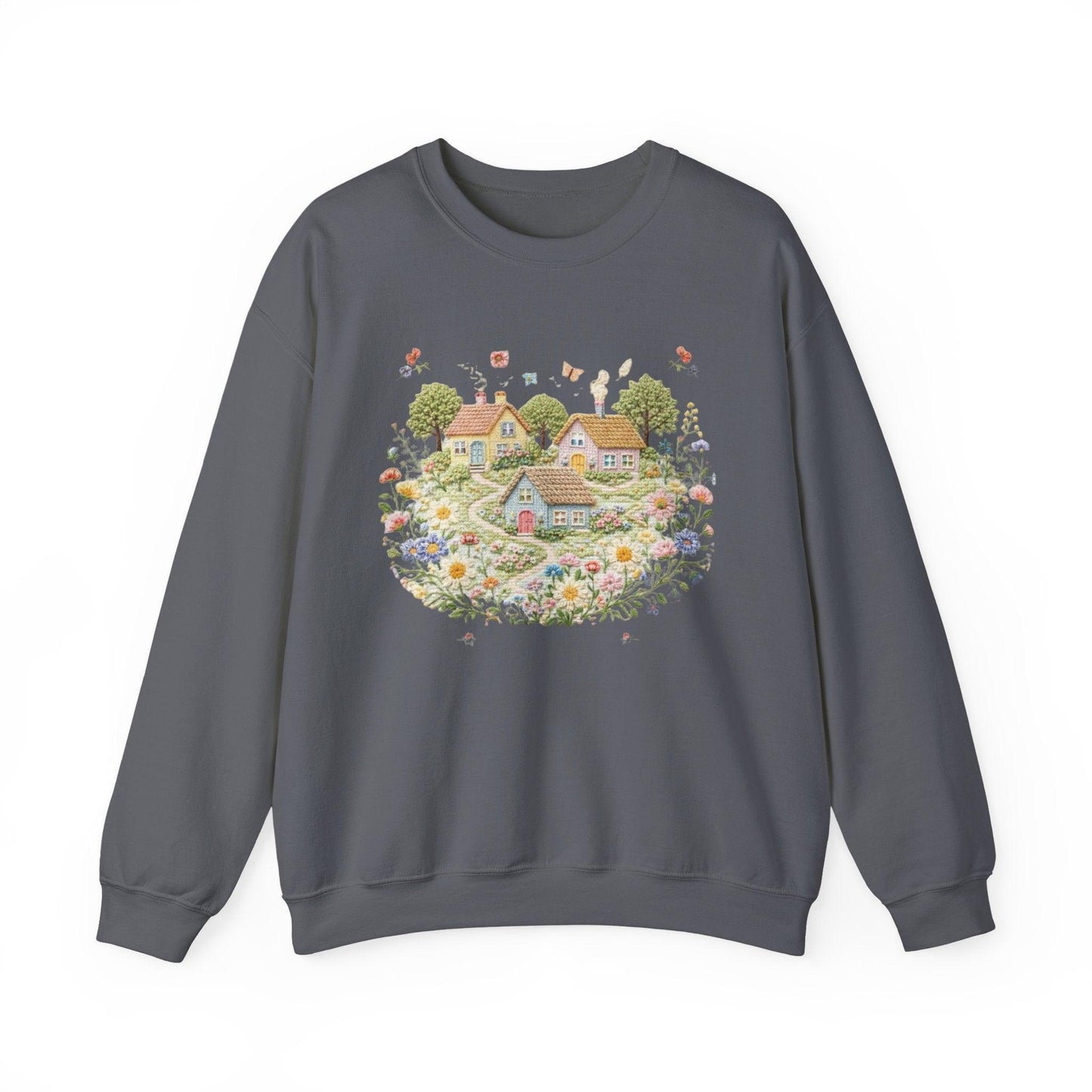 Cottage Garden Illustration Sweatshirt | Floral Village Scene, Cozy Spring
