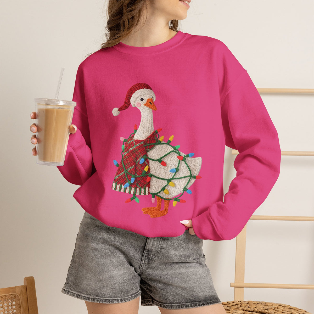 Christmas Goose Wearing Santa Hat Crewneck Sweatshirt | Holiday Duck in Lights