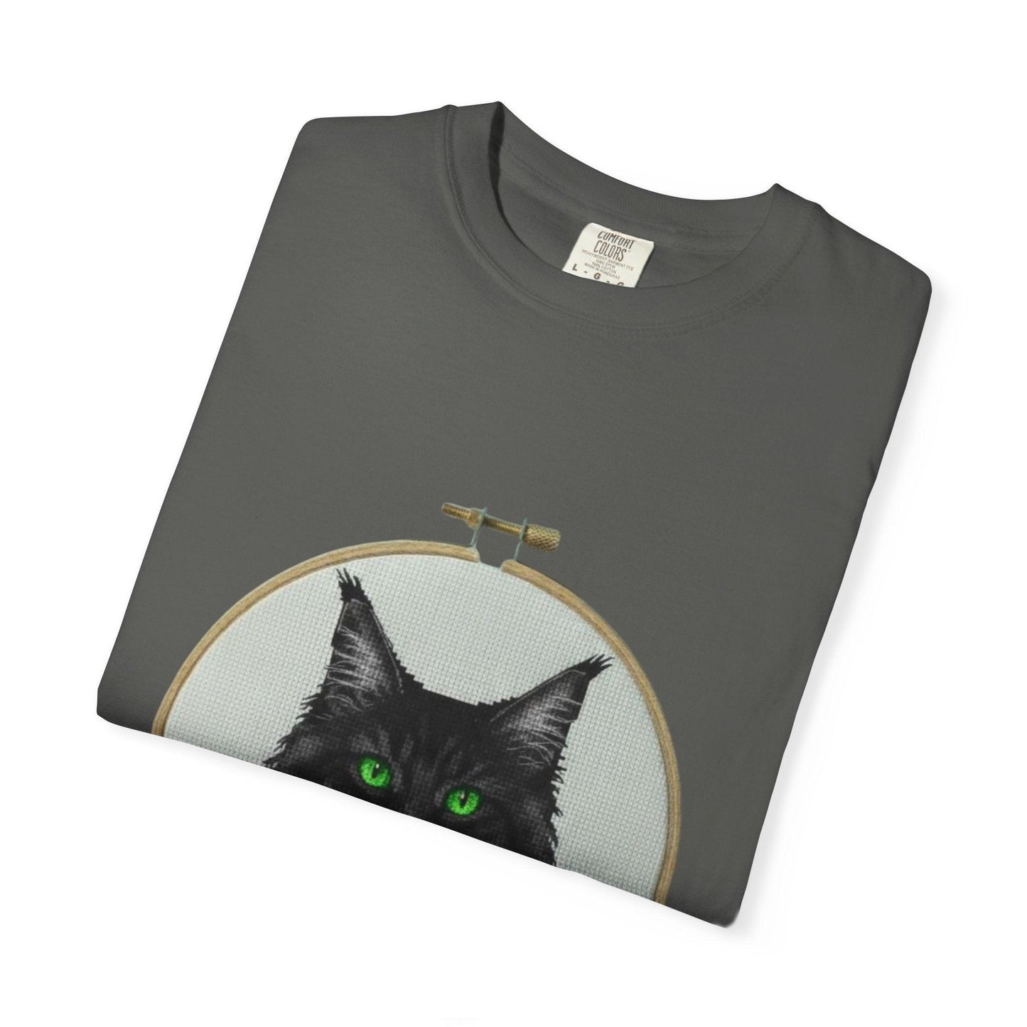 Black Cat Portrait T-Shirt | Embroidery Hoop Art, Green Eyes