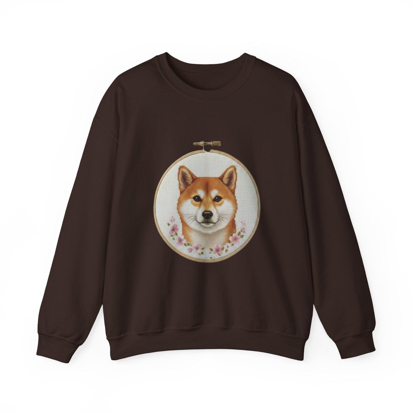 Shiba Inu Portrait Crewneck Sweatshirt | Embroidery Hoop Floral Frame