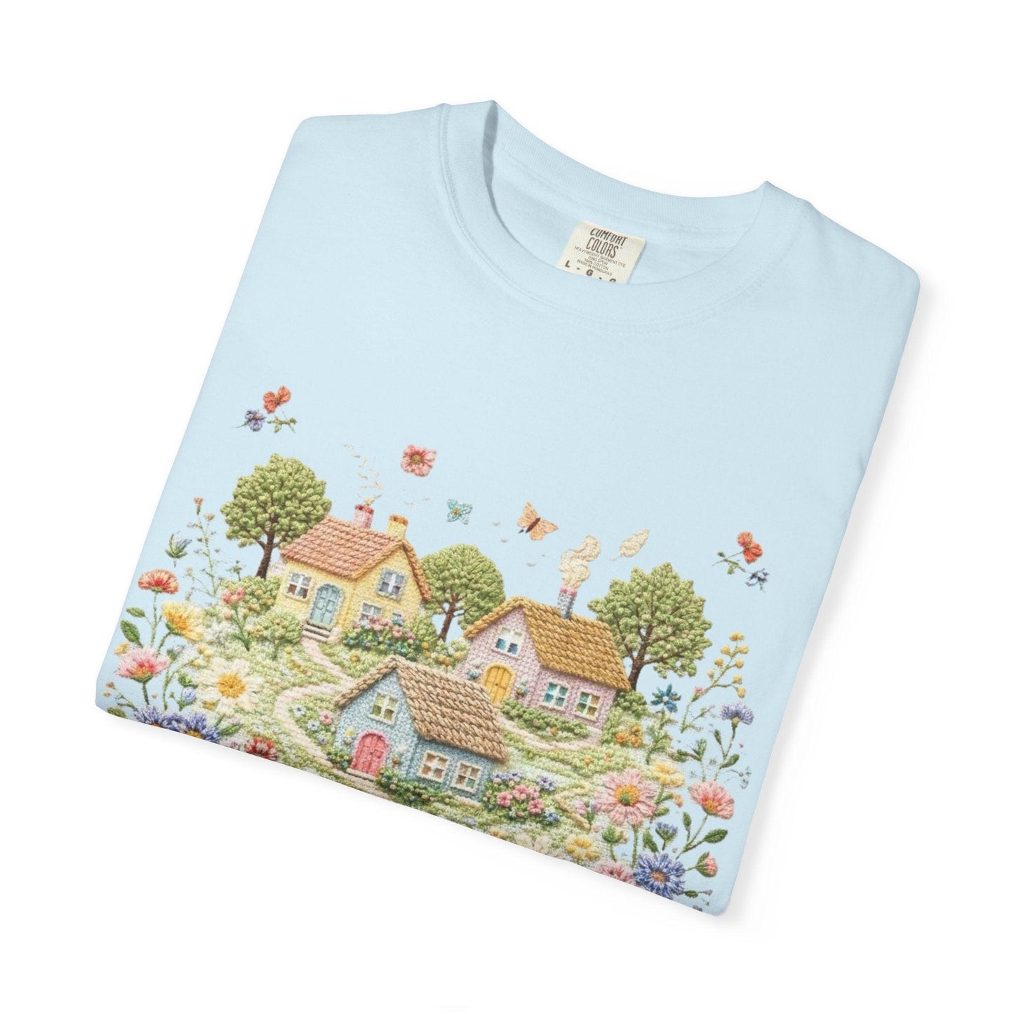 Cottage Garden Landscape T-shirt | Floral Village Illustration