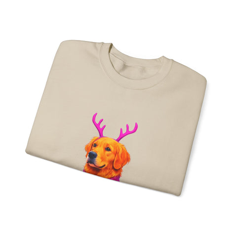 Golden Retriever in Festive Sweater Sweatshirt | Reindeer Antlers Holiday Dog