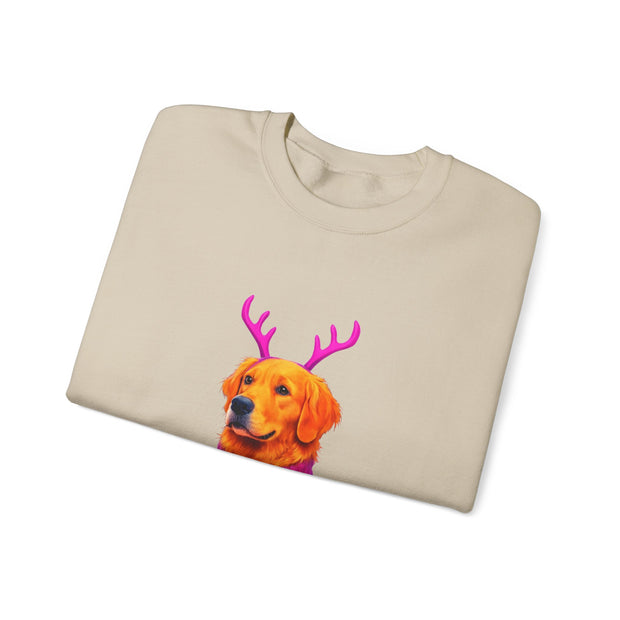 Golden Retriever in Festive Sweater Sweatshirt | Reindeer Antlers Holiday Dog