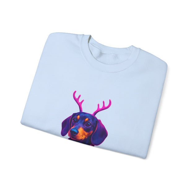 Dachshund Reindeer Sweater Crewneck Sweatshirt | Neon Holiday Dog Art