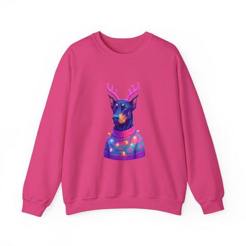 Vibrant Doberman Antlers Sweatshirt, Quirky Animal Crewneck, Cozy Holiday Gift, Fun Winter Apparel, Casual Style Top